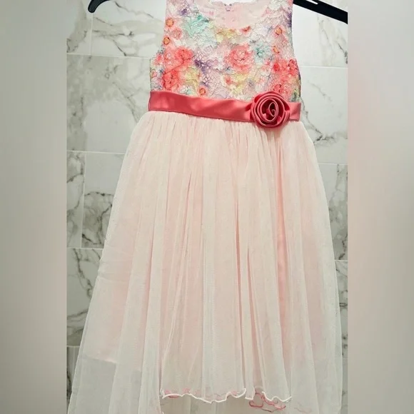 Bonnie Jean Floral Lace Dress with Pink Tulle Skirt - Picture 2 of 9